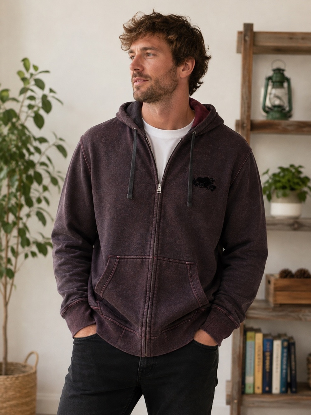 Roots Men's Zip-Up Hoodie in Deep Brown with Black Logo